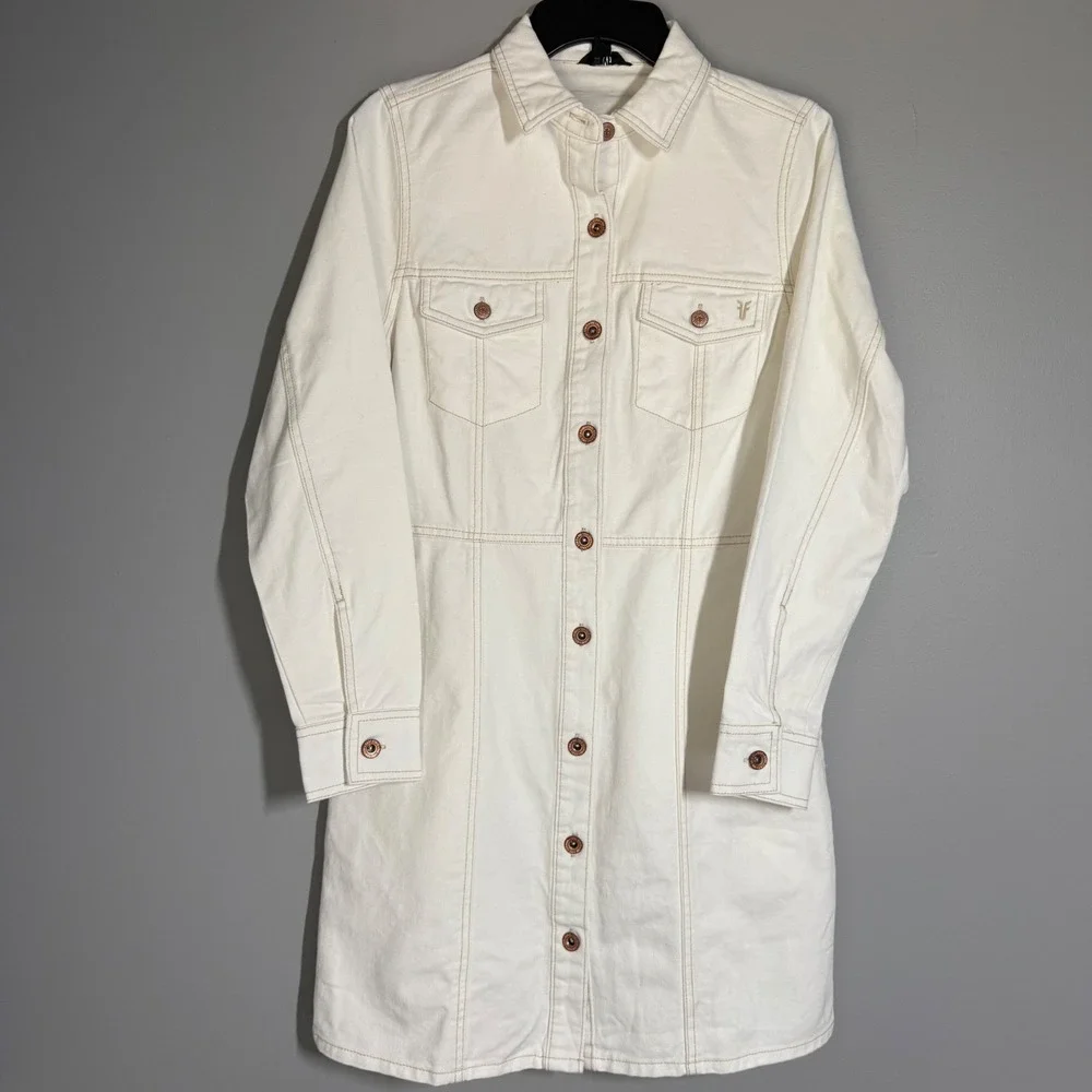 Frye Shirt Dress Small White Denim Long Sleeve Button Down Collared Pockets